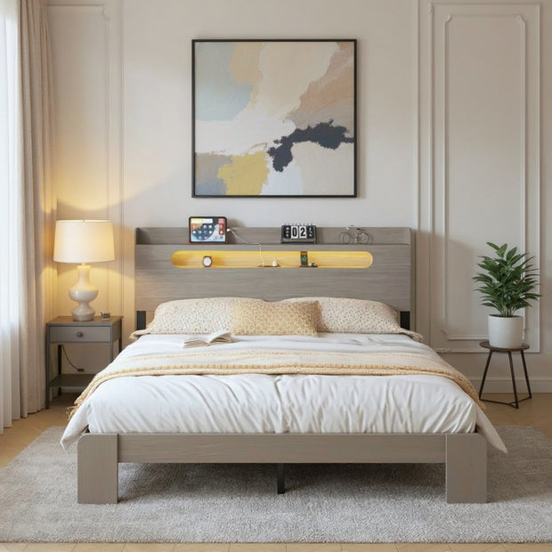 Queen Size Platform Bed with Storage Headboard Shelf – Modern Wood Frame