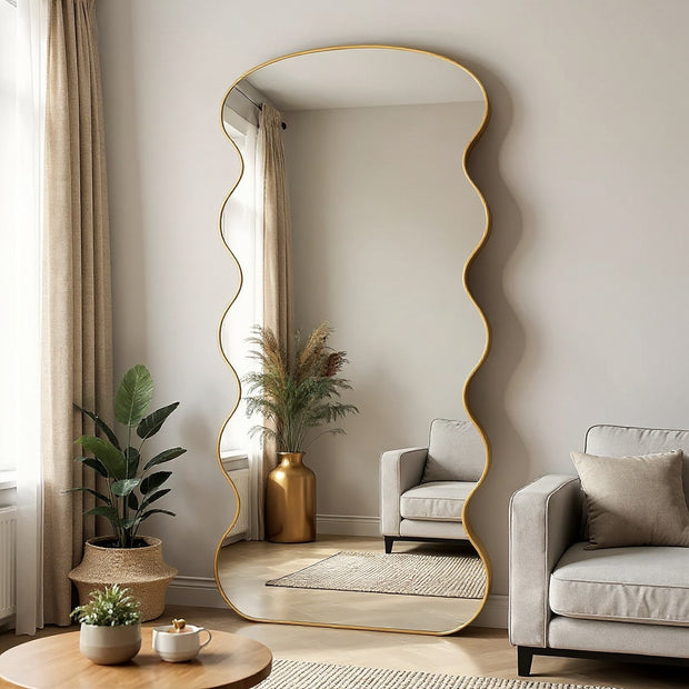 76"x34" Large Irregular Wavy Full Length Mirror – Standing & Wall Mounted, Gold / Black Frame