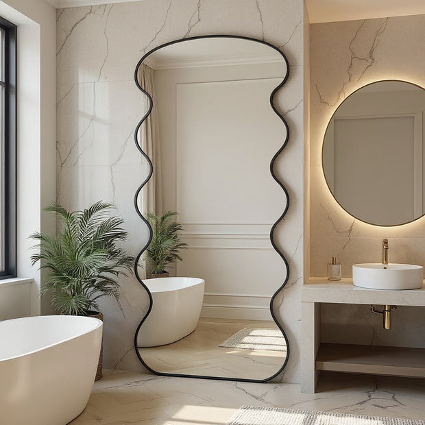 76"x34" Large Irregular Wavy Full Length Mirror – Standing & Wall Mounted, Gold / Black Frame