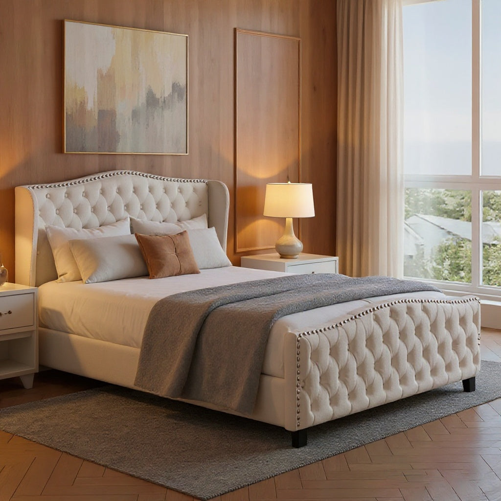 Tufted Upholstered Wingback Bed Frame with Nailhead Trim – King Size
