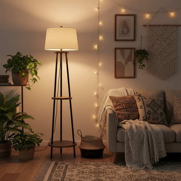 65" Modern Floor Lamp with Shelves – Tall Tripod Lamp with Storage