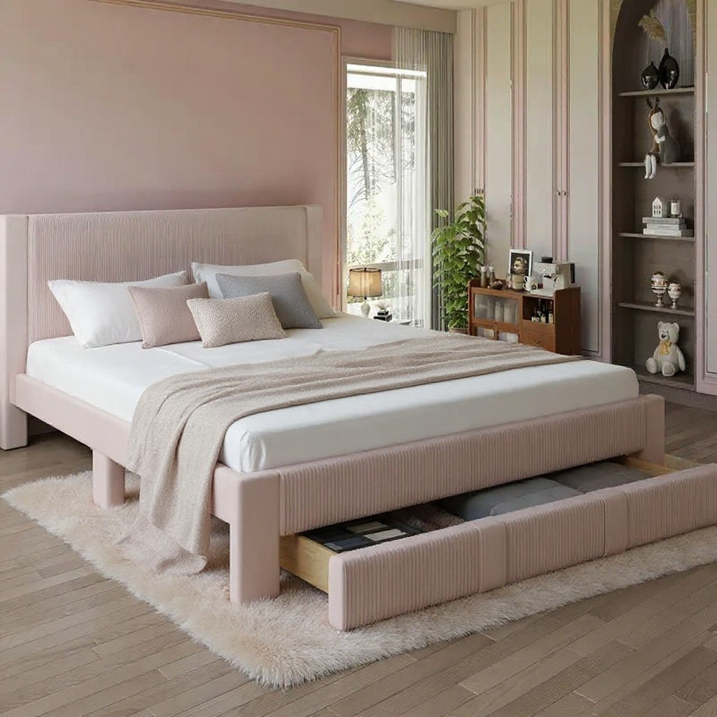 Upholstered Storage Bed Frame with Headboard – Full, Queen & King