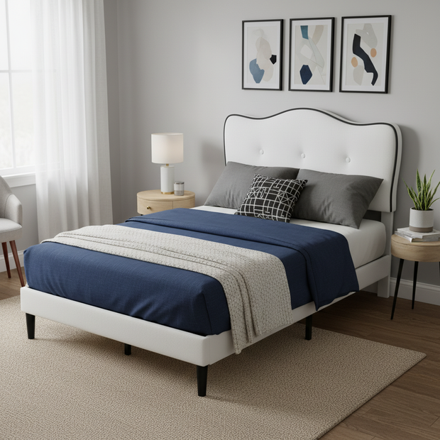 Curved Upholstered Bed Frame with Button-Tufted Headboard – Pink or White