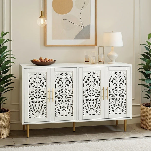 Carved Wood Sideboard with 4 Doors and Adjustable Shelves