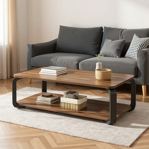 Modern Rectangular Coffee Table with Storage Shelf – Walnut Finish, 39.37"/47.24"