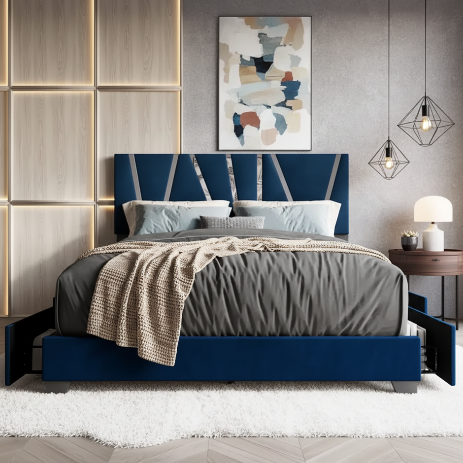 Modern Velvet Storage Bed with Drawers – Queen Size