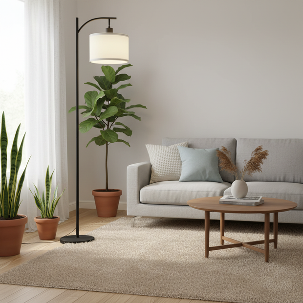 Modern Black Floor Lamp with Fabric Shade & Foot Switch