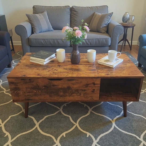 Lift-Top Coffee Table with Hidden Storage and Side Shelves – Black and Rustic Brown