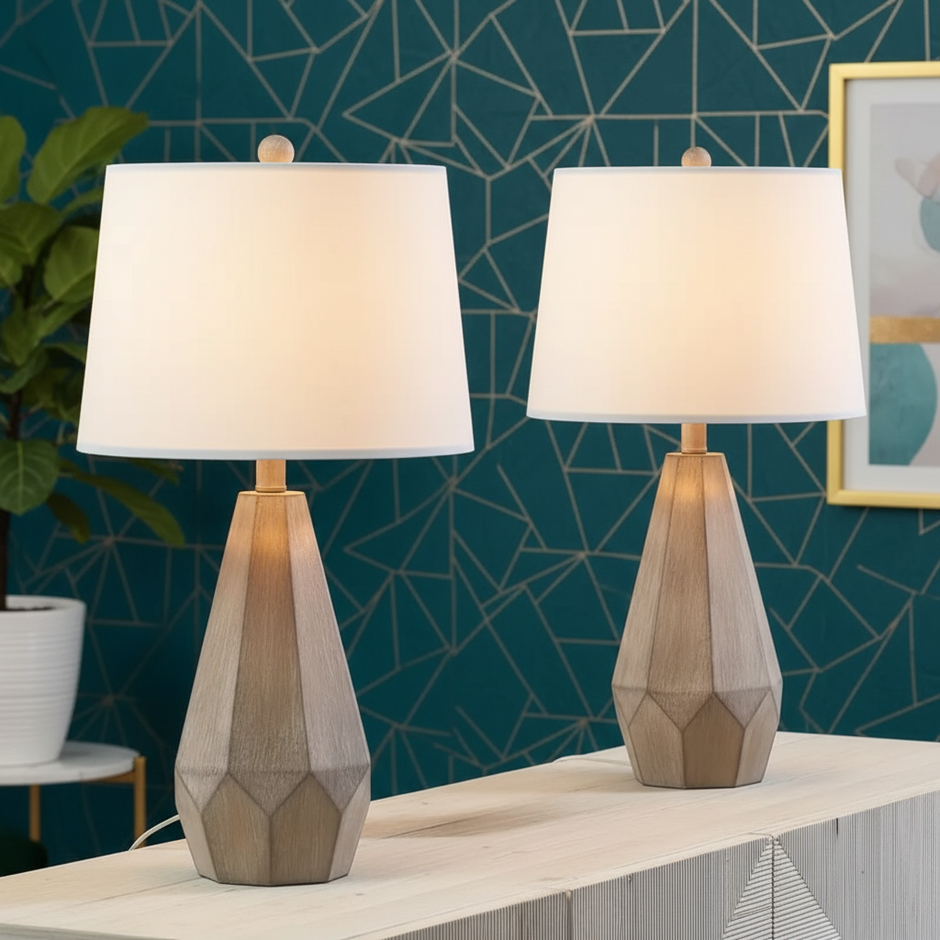 Set of 2 Wooden Table Lamps – Modern Bedside Lighting (26”)