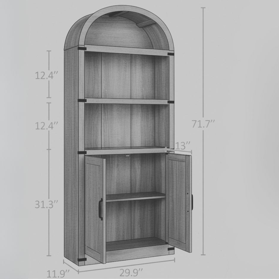 Arched Wood Bookshelf with Storage Cabinet – Tall Rustic Display Shelf with Doors for Living Room, Dining Room, or Office
