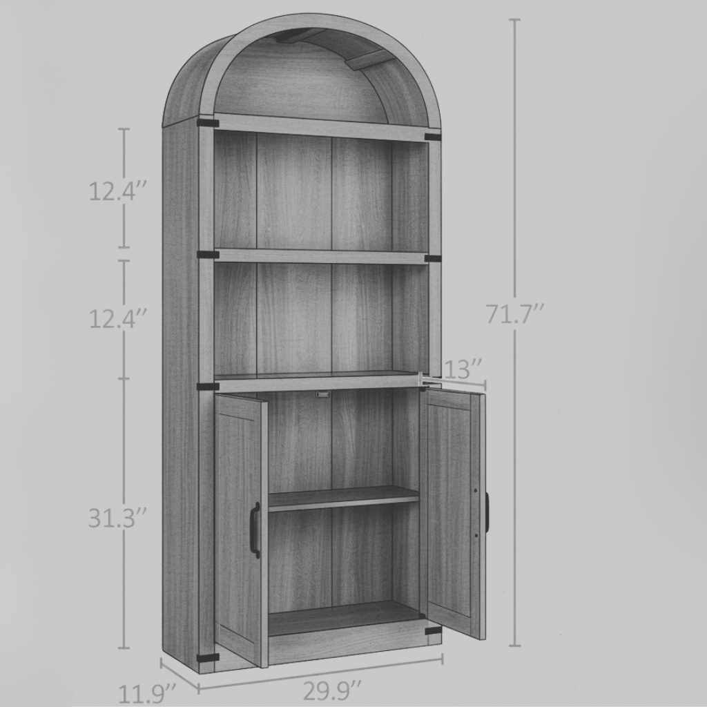 Arched Wood Bookshelf with Storage Cabinet – Tall Rustic Display Shelf with Doors for Living Room, Dining Room, or Office