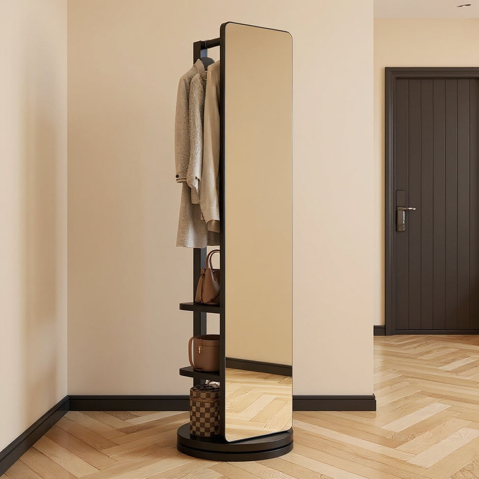Full-Length Swivel Mirror with Storage – 360° Rotating Organizer