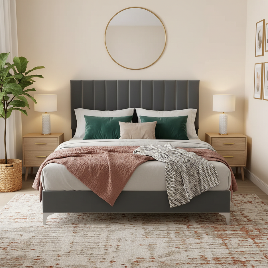 Modern Grey Velvet Upholstered Bed Frame with Adjustable Headboard – Full Size