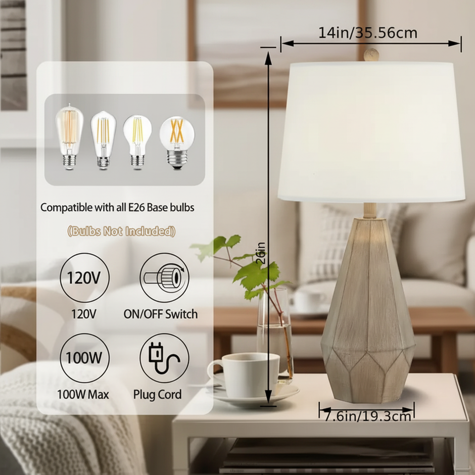 Set of 2 Wooden Table Lamps – Modern Bedside Lighting (26”)