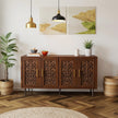 Carved Wood Sideboard with 4 Doors and Adjustable Shelves