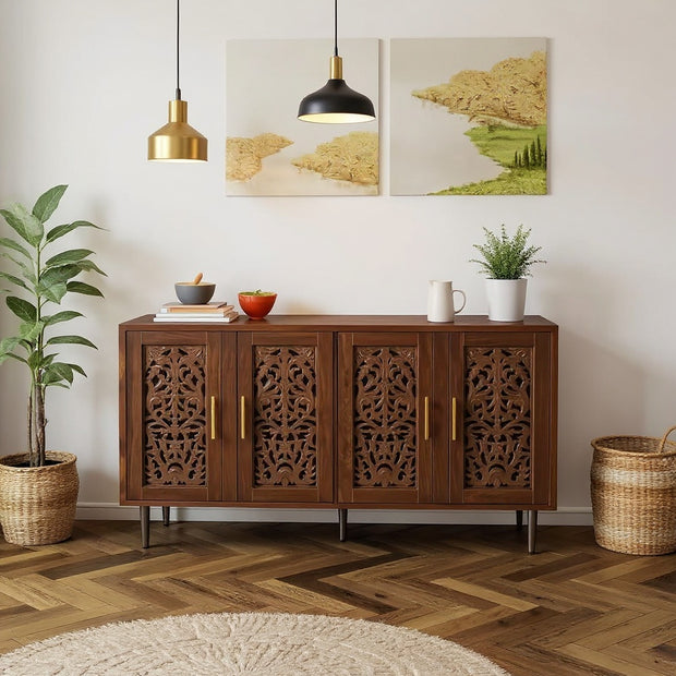 Carved Wood Sideboard with 4 Doors and Adjustable Shelves