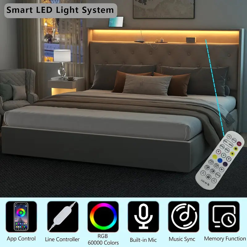 Smart Upholstered Storage Bed with LED Lights & Charging Station