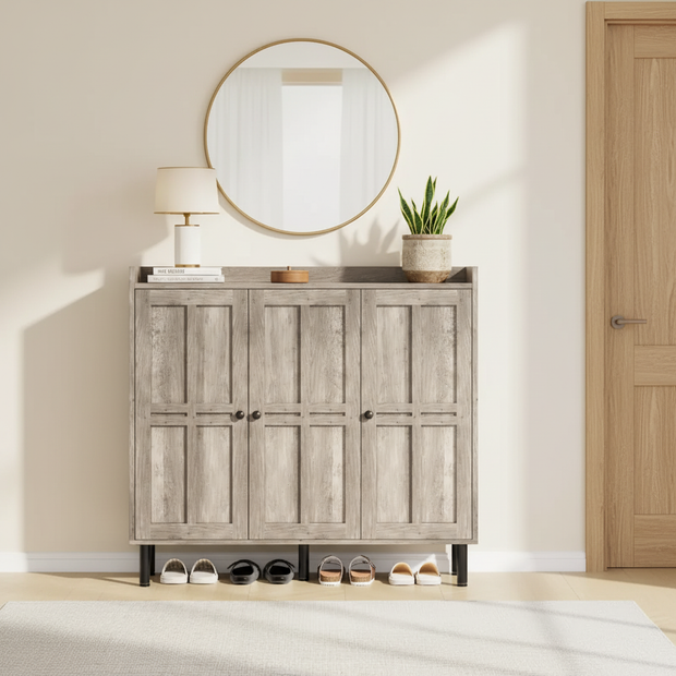Large Rustic Gray 3-Door Shoe Cabinet with Adjustable Shelves
