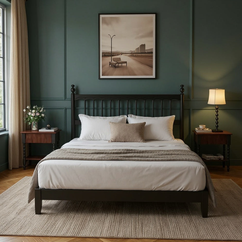 Classic Black Wooden Bed Frame with Headboard – Queen Size