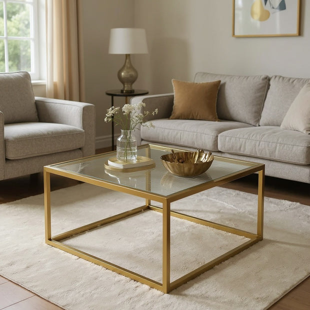 Minimalist Glass Coffee Table – Square Tempered Glass with Metal Frame, 27"x27"