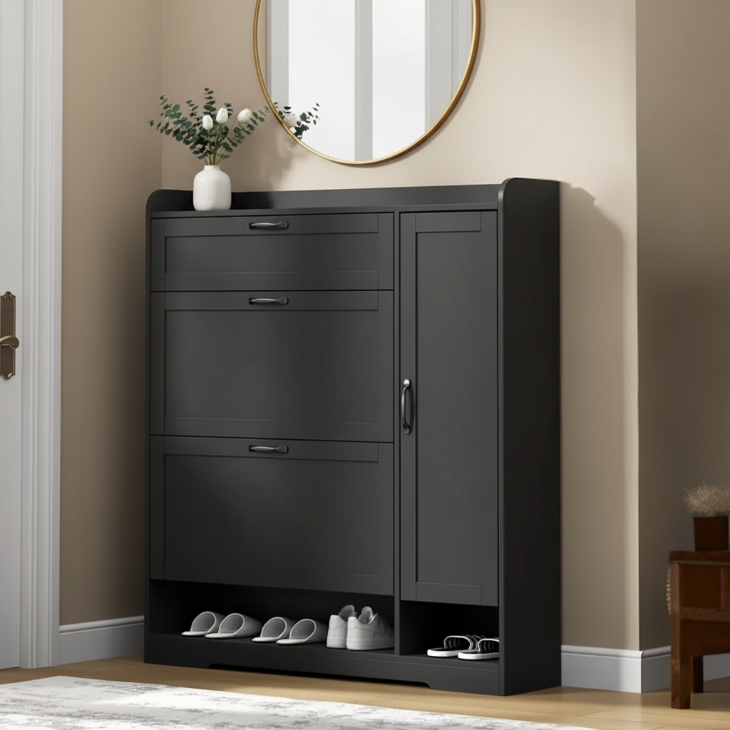 Modern Shoe Cabinet with Adjustable Shelves and 3 Tilt-Out Drawers – Black or White Finish