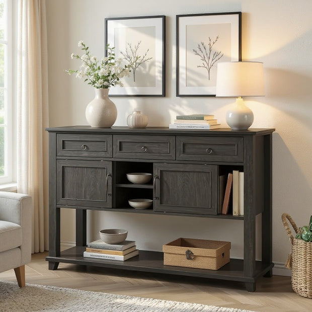 Rustic Farmhouse Sideboard Buffet Cabinet with Drawers and Open Shelf – Solid Wood Storage Console