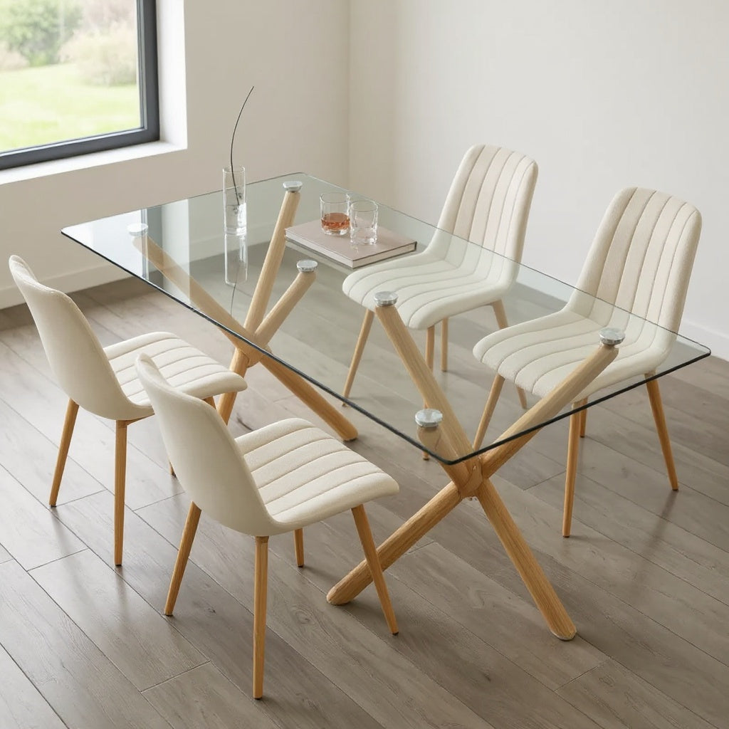 Set of 4 Upholstered Dining Chairs – Beige Fabric, Modern Design