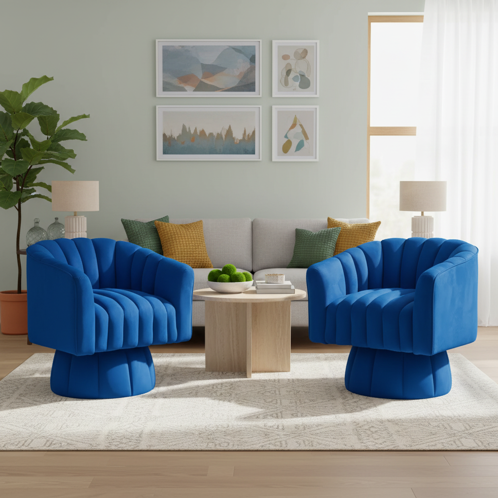 Modern Velvet Swivel Accent Chair – Cream White / Royal Blue