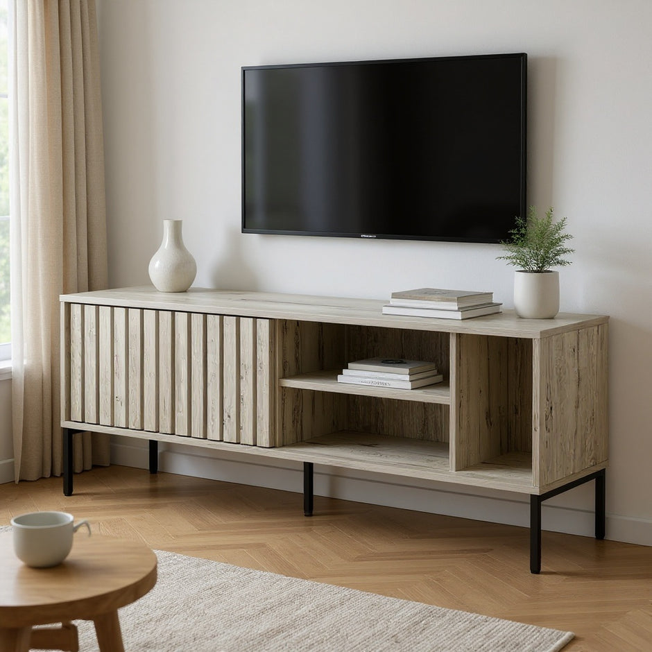 Modern Sliding Door TV Stand with Storage Shelves – 64” Entertainment Console