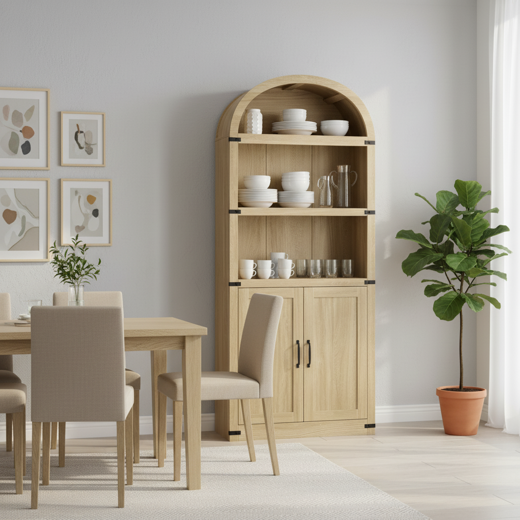 Arched Wood Bookshelf with Storage Cabinet – Tall Rustic Display Shelf with Doors for Living Room, Dining Room, or Office