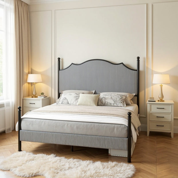 Queen Bed Frame with Corduroy Upholstered Headboard and RGB LED Lights