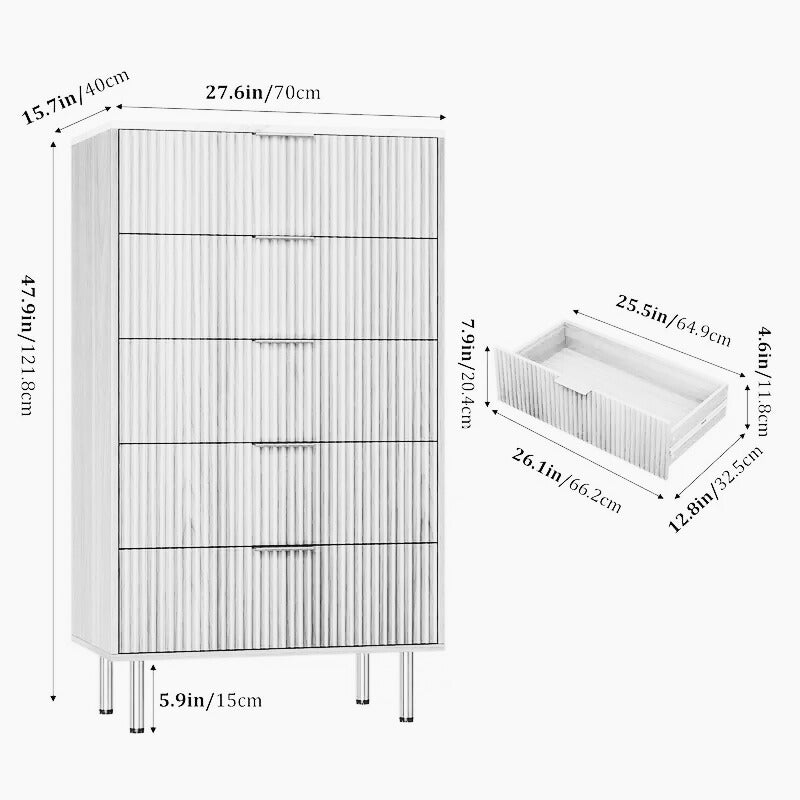 48-Inch Tall 5-Drawer Wooden Dresser with Metal Legs