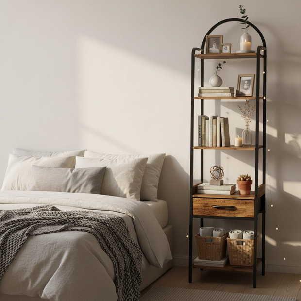 Rustic Industrial Bookshelf with Drawer and 5-Tier Storage – Arched Metal Frame, Vintage Wood Finish