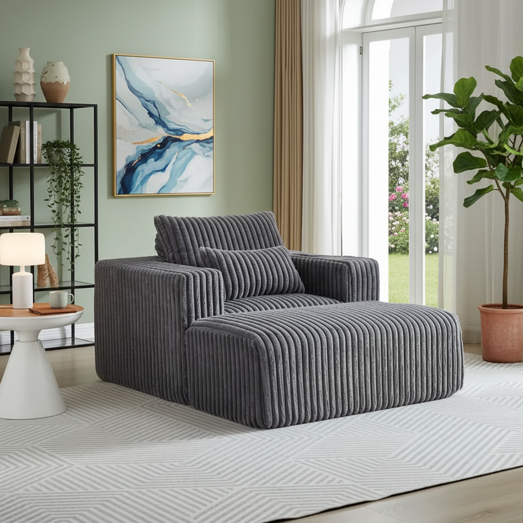 Modern Corduroy Lounge Chair with Ottoman – Cream / Olive Green / Charcoal Grey