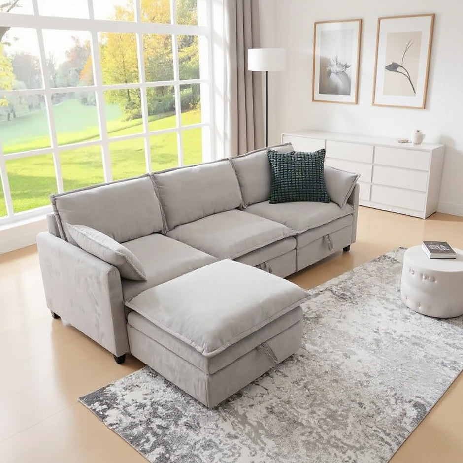 Convertible Sectional Sofa with Chaise Lounge & Hidden Storage – Modern Upholstered Couch for Living Room, Beige/Gray