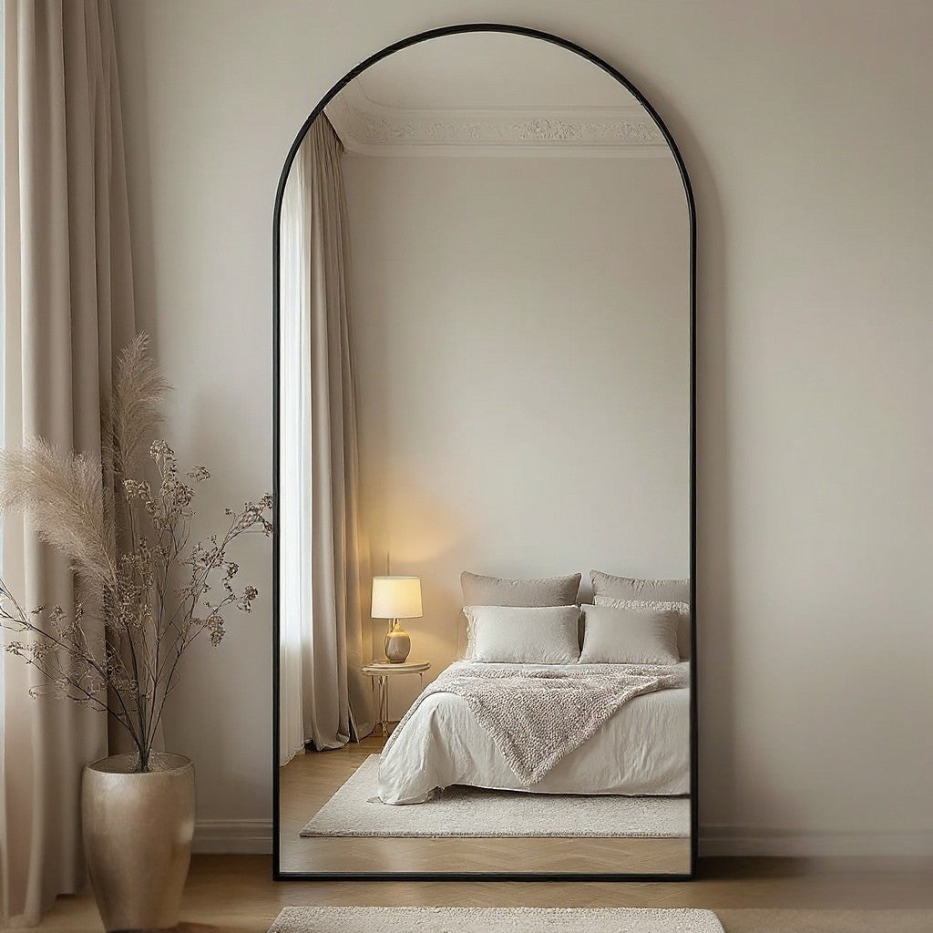 Arched Full-Length Floor Mirror with Metal Frame and Stand, Sizes 78