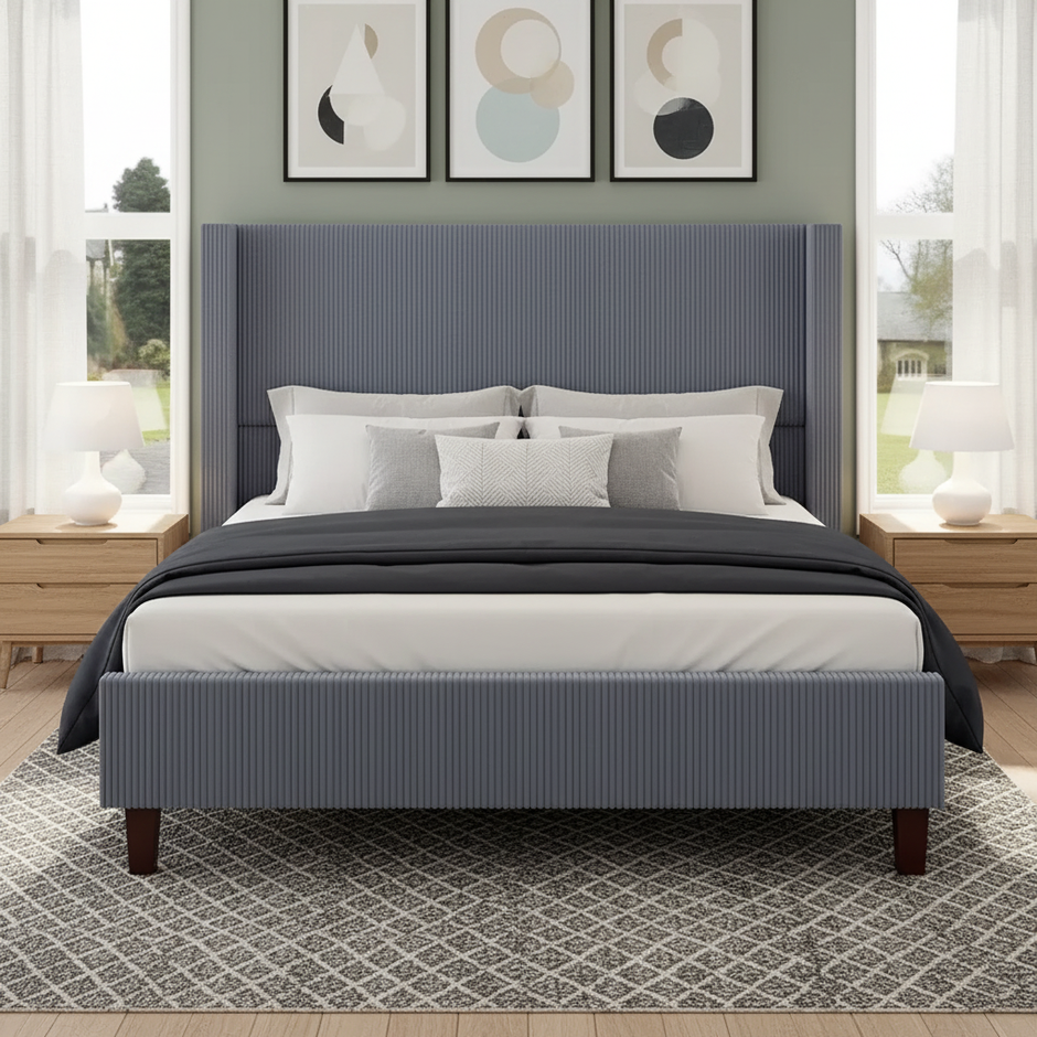 King Size Wingback Corduroy Upholstered Bed Frame