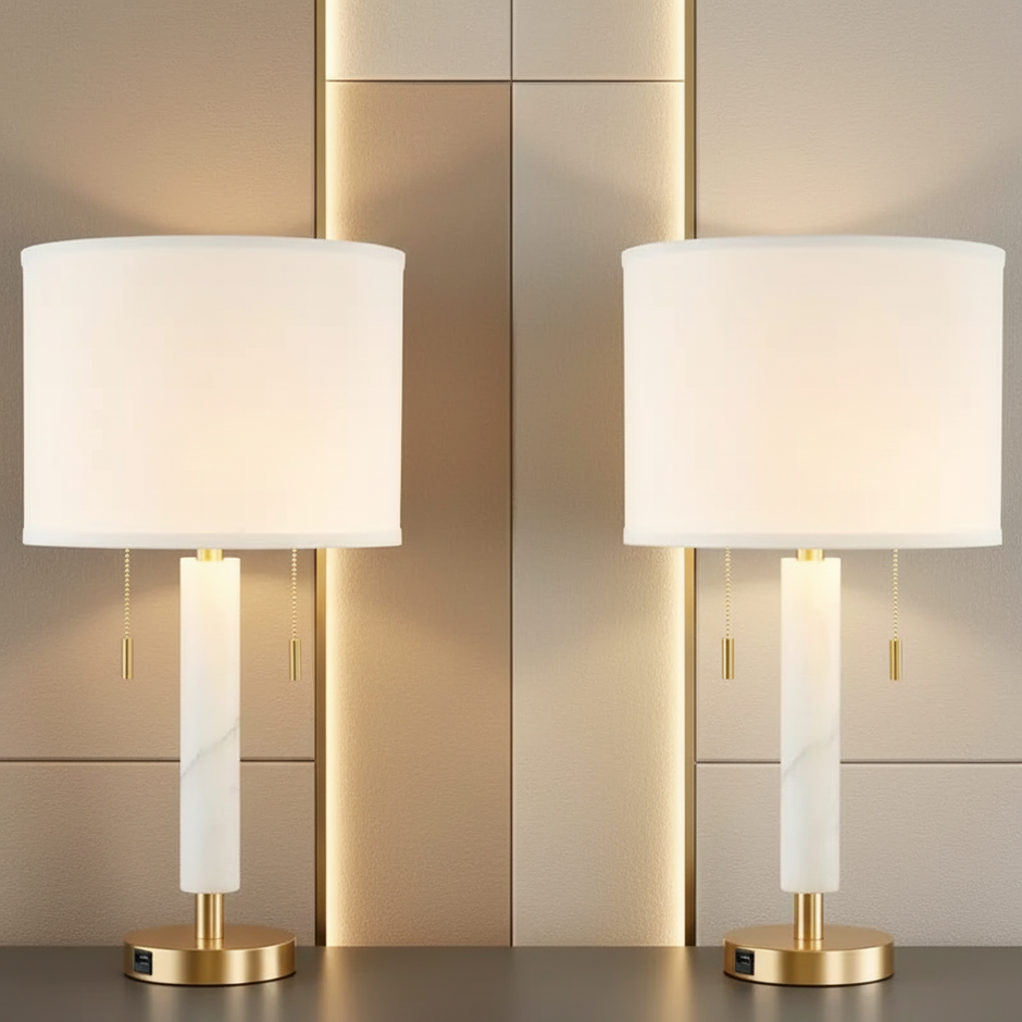 Set of 2 White Marble-Style Table Lamps with Dual Pull Chains & USB Port – 26.2" Tall