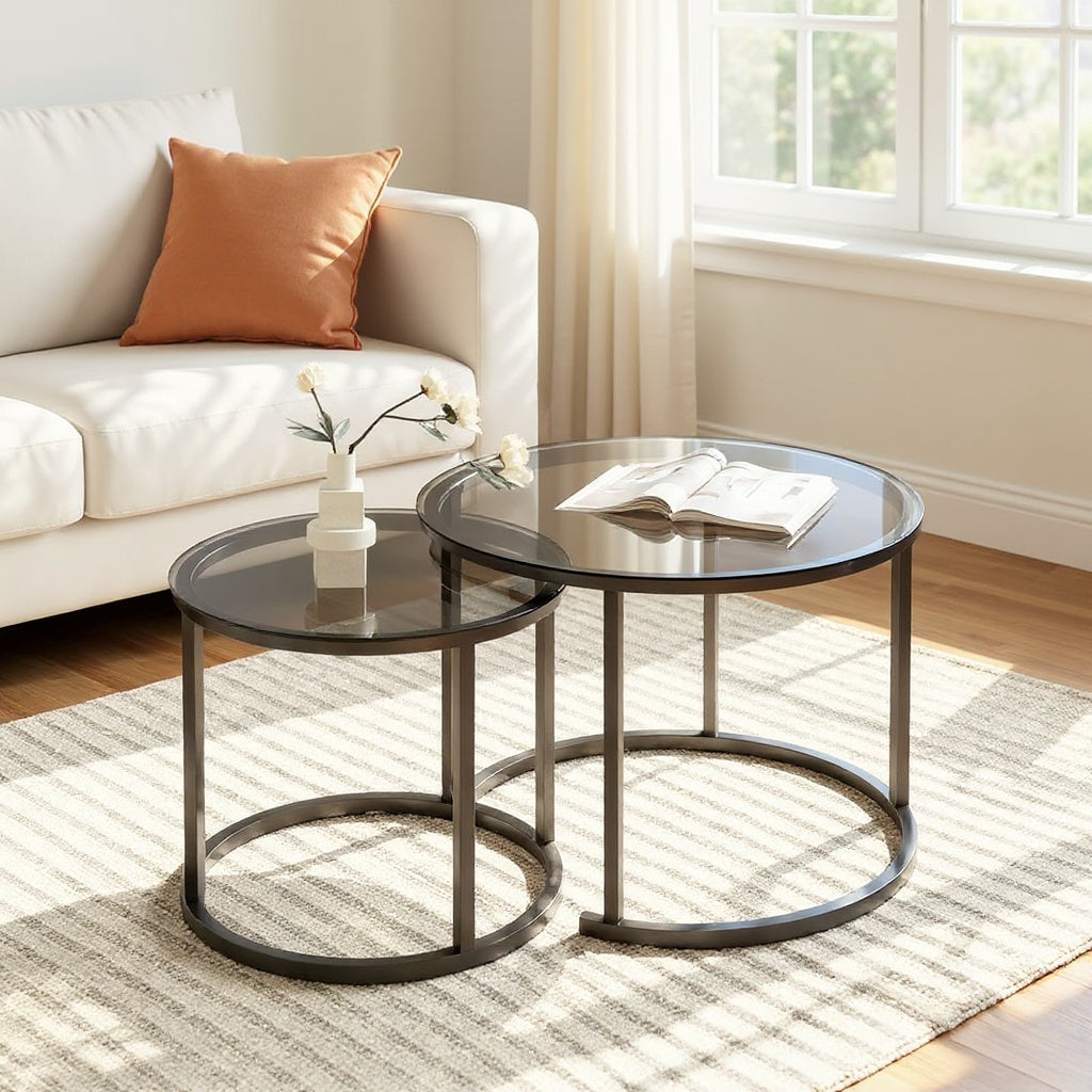 Modern Nesting Glass Coffee Table Set of 2 – Round Accent Tables