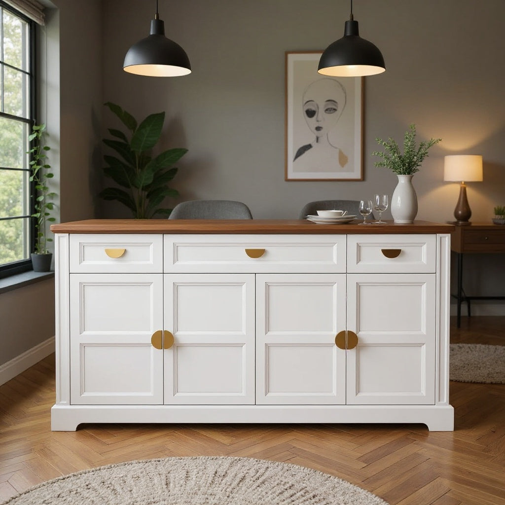 Modern Sideboard Buffet Cabinet with 3 Drawers and 4 Doors, White/Green Finish, Wooden Top Storage Cabinet for Dining Room, Kitchen, or Living Room