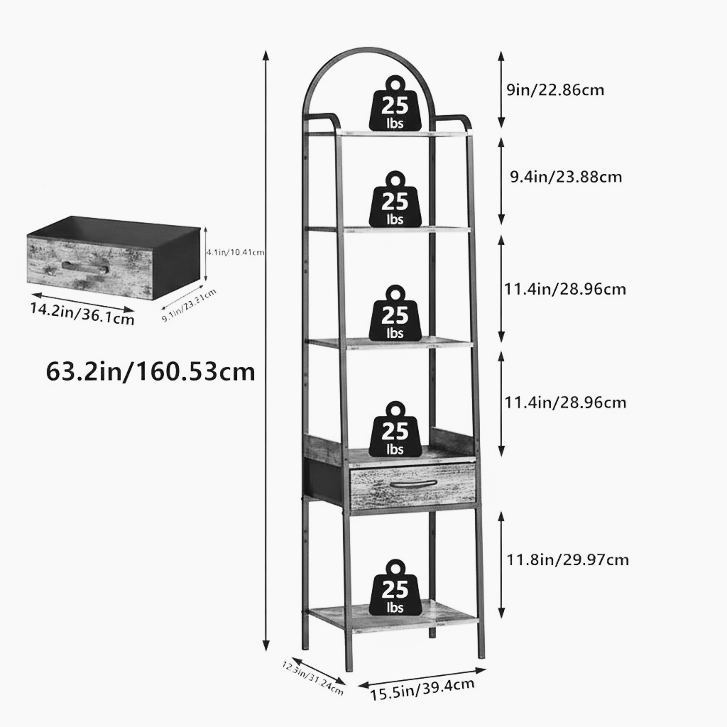 Rustic Industrial Bookshelf with Drawer and 5-Tier Storage – Arched Metal Frame, Vintage Wood Finish