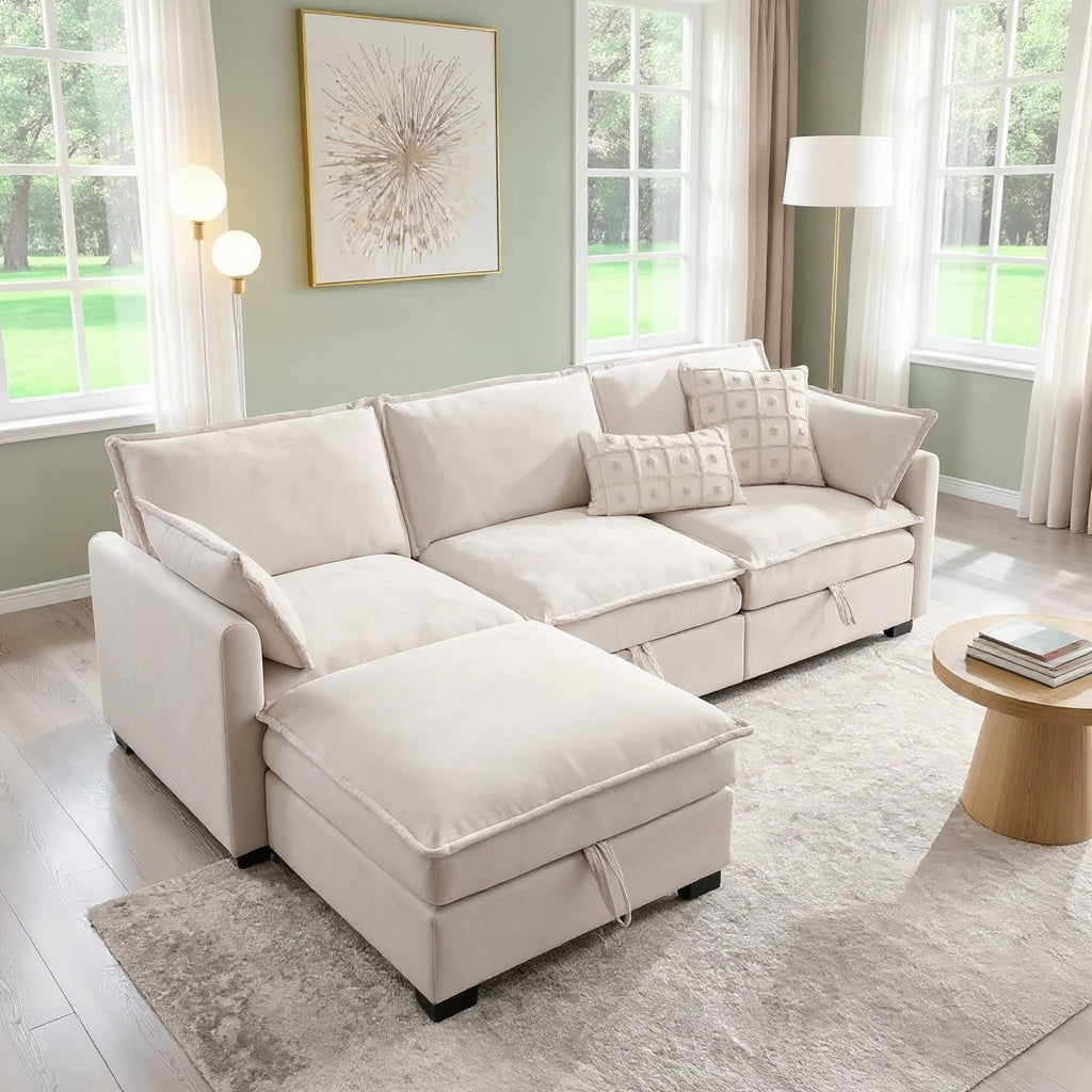 Convertible Sectional Sofa with Chaise Lounge & Hidden Storage – Modern Upholstered Couch for Living Room, Beige/Gray