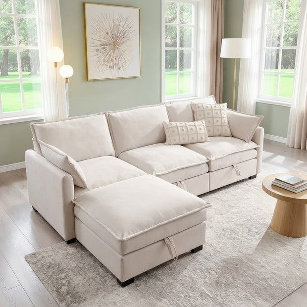 Convertible Sectional Sofa with Chaise Lounge & Hidden Storage – Modern Upholstered Couch for Living Room, Beige/Gray