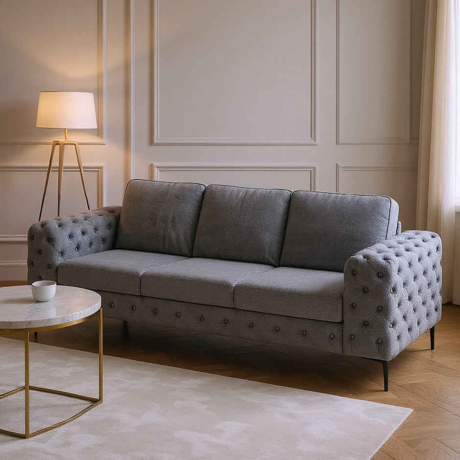 Modern 3-Seater Tufted Sofa with Thick Armrests and Cushions – Gray or Light Beige