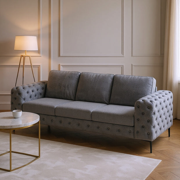 Modern 3-Seater Tufted Sofa with Thick Armrests and Cushions – Gray or Light Beige