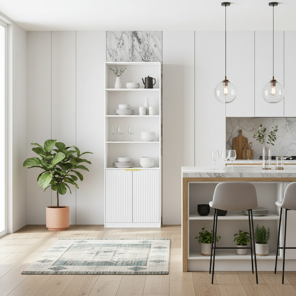 Tall Modern Storage Cabinet with Open Shelves and Slatted Doors – 72