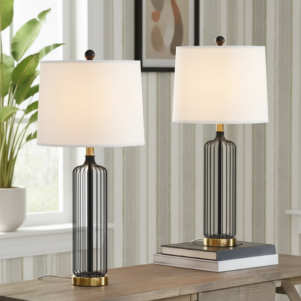 Set of 2 Modern Black Metal Cage Table Lamps with White Drum Shade – 27.5" Tall