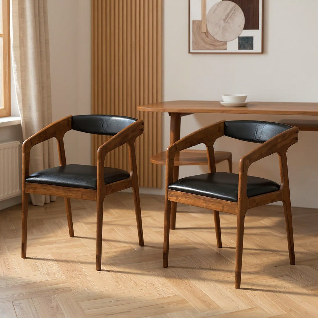 Mid-Century Modern Dining Chairs Set of 2, Walnut & Black