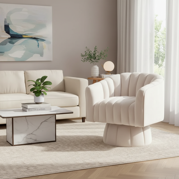 Modern Velvet Swivel Accent Chair – Cream White / Royal Blue