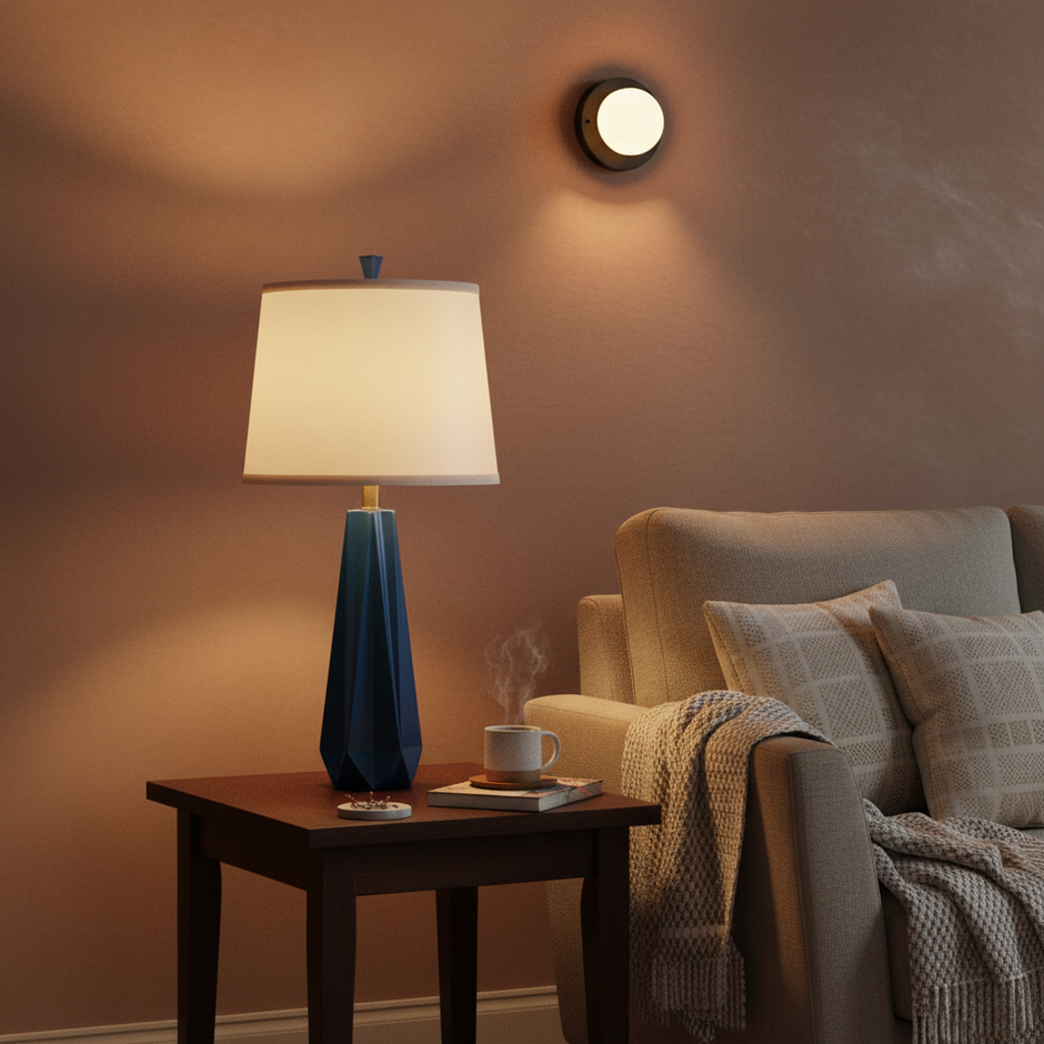 Set of 2 Blue Ceramic Table Lamps with 3-Color Temperature & Fabric Shade – 27